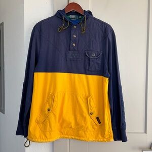 VTG 90S POLO RALPH LAUREN 1/4 SNAP QUILTED BLUE YELLOW HOODED JACKET MENS LARGE